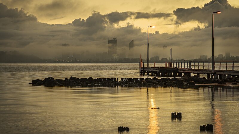 City Skyline at Sunset — Gold, Dramatic, Photograph, Dock