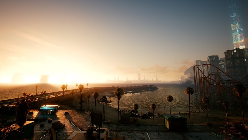 City Skyline at Sunset — Orange, Dramatic, 3d Render, Palm Trees