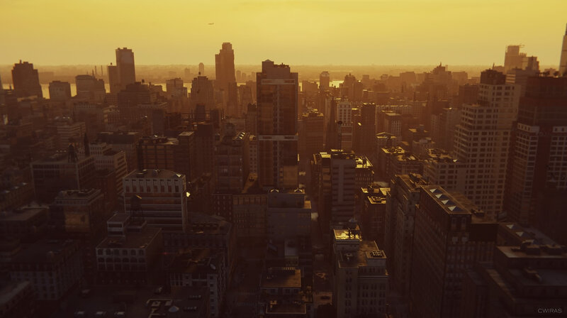 City Skyline at Sunset — Orange, Dramatic, 3d Render, Skyscraper, Airplane