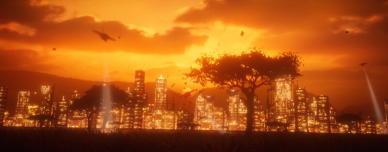 City Skyline at Sunset — Orange, Dramatic, 3d Render, Skyscrapers