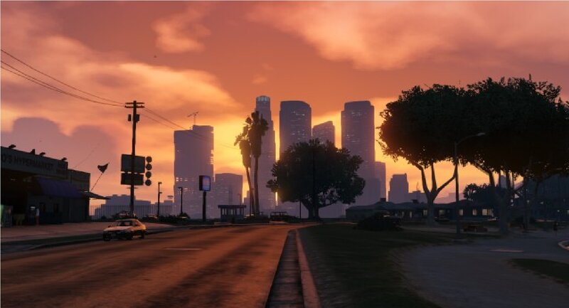 City Skyline at Sunset — Orange, Dramatic, 3d Render