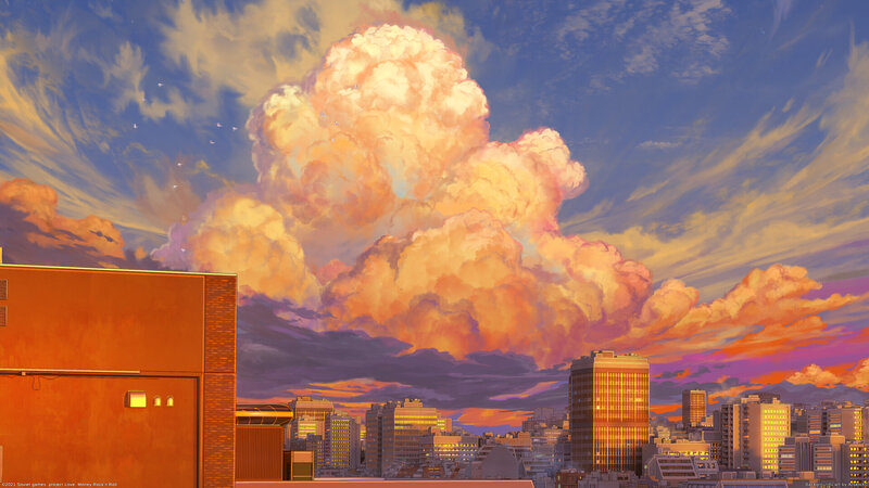 City Skyline at Sunset — Orange, Dramatic, Digital Art, Clouds