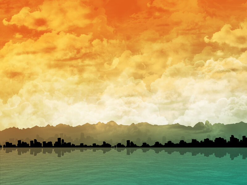 City Skyline at Sunset — Orange, Dramatic, Digital Art, Mountains