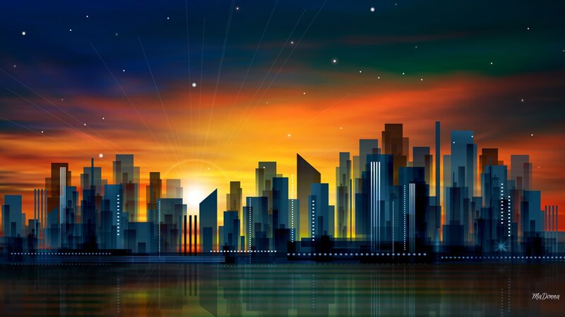 City Skyline at Sunset — Orange, Dramatic, Digital Art, Reflection