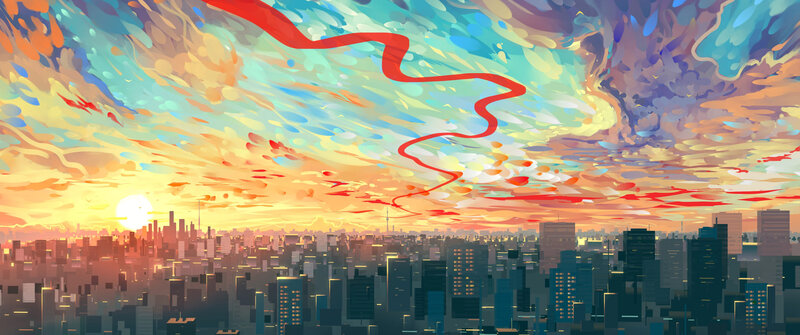 City Skyline at Sunset — Orange, Dramatic, Digital Art, Sky