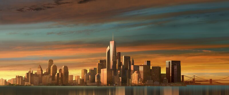 City Skyline at Sunset — Orange, Dramatic, Digital Art, Skyscrapers, Bridge