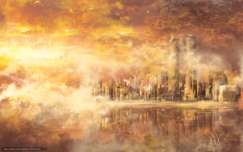 City Skyline at Sunset — Orange, Dramatic, Digital Art, Skyscrapers