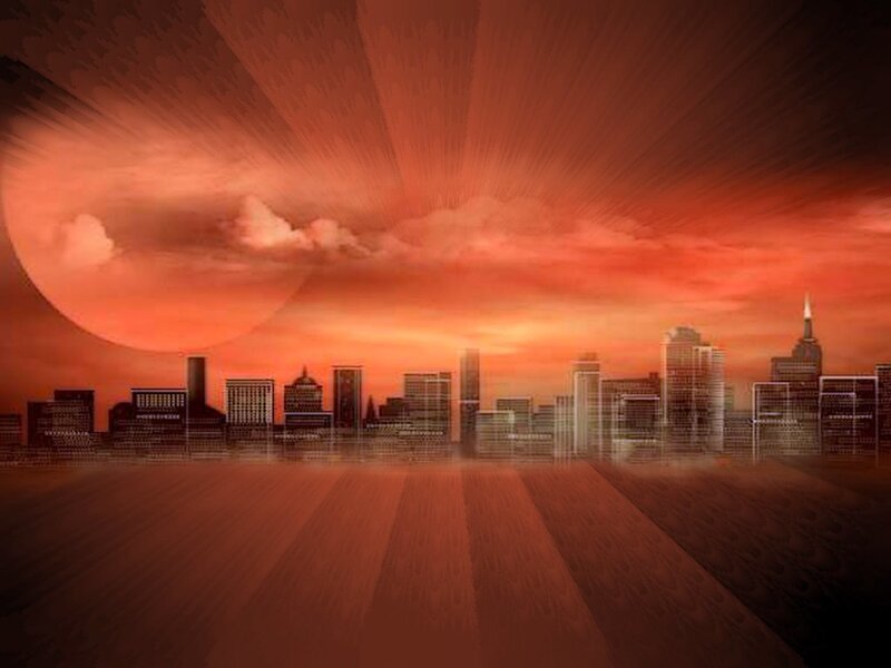 City Skyline at Sunset — Orange, Dramatic, Digital Art, Sun, Clouds, Red