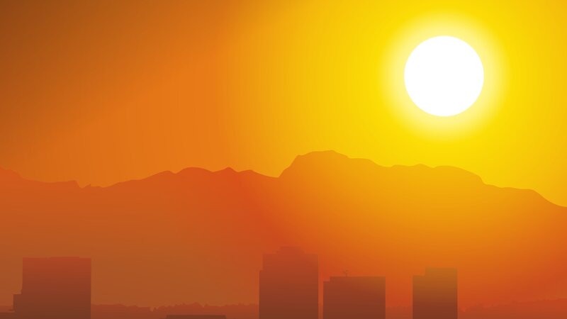 City Skyline at Sunset — Orange, Dramatic, Digital Art, Sun, Mountains