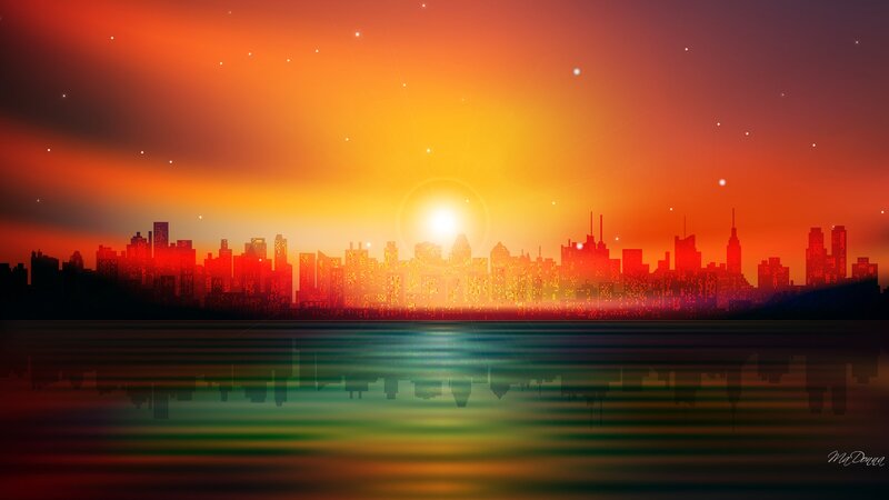 City Skyline at Sunset — Orange, Dramatic, Digital Art, Sun