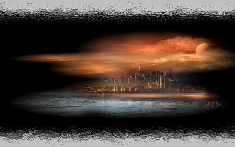 City Skyline at Sunset — Orange, Dramatic, Digital Art
