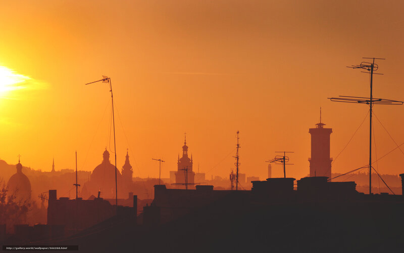 City Skyline at Sunset — Orange, Dramatic, Photograph, Antennas