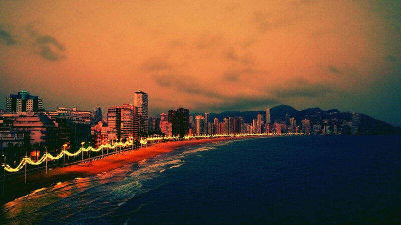 City Skyline at Sunset — Orange, Dramatic, Photograph, Beach