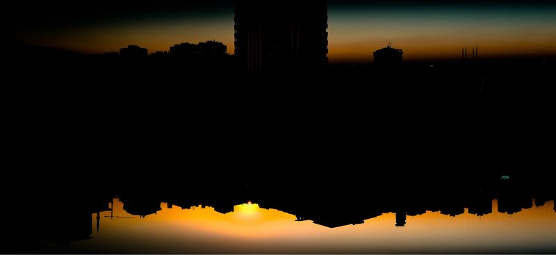 City Skyline at Sunset — Orange, Dramatic, Photograph, Buildings, Reflection