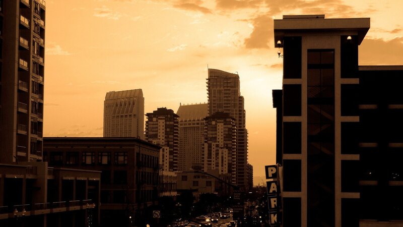 City Skyline at Sunset — Orange, Dramatic, Photograph, Buildings, Sky
