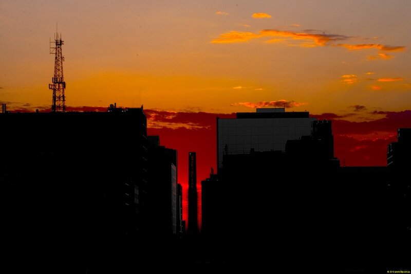 City Skyline at Sunset — Orange, Dramatic, Photograph, Buildings