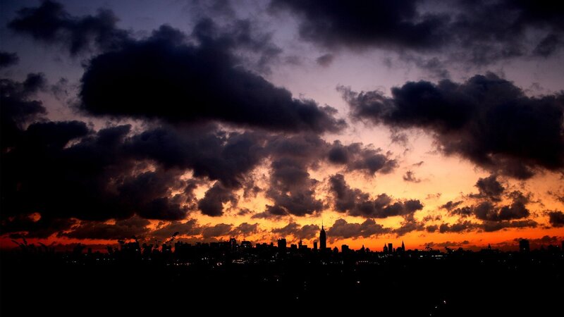 City Skyline at Sunset — Orange, Dramatic, Photograph, Clouds