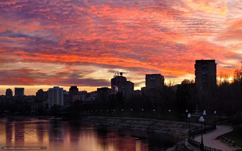 City Skyline at Sunset — Orange, Dramatic, Photograph, River, Buildings