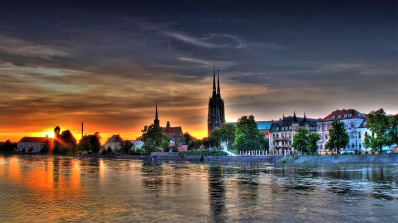 City Skyline at Sunset — Orange, Dramatic, Photograph, River, Church, Buildings