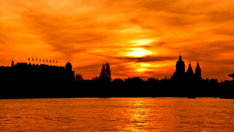 City Skyline at Sunset — Orange, Dramatic, Photograph, River, Sky