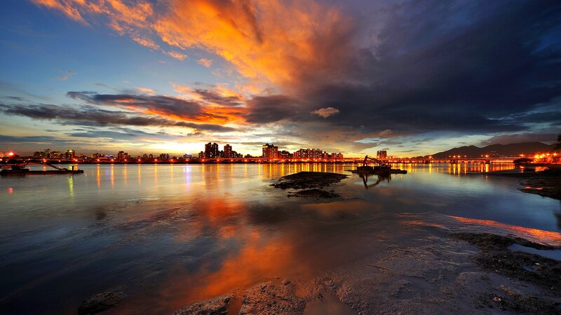 City Skyline at Sunset — Orange, Dramatic, Photograph, River
