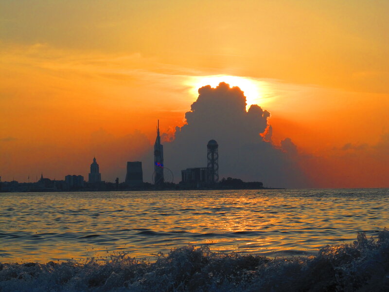 City Skyline at Sunset — Orange, Dramatic, Photograph, Sea