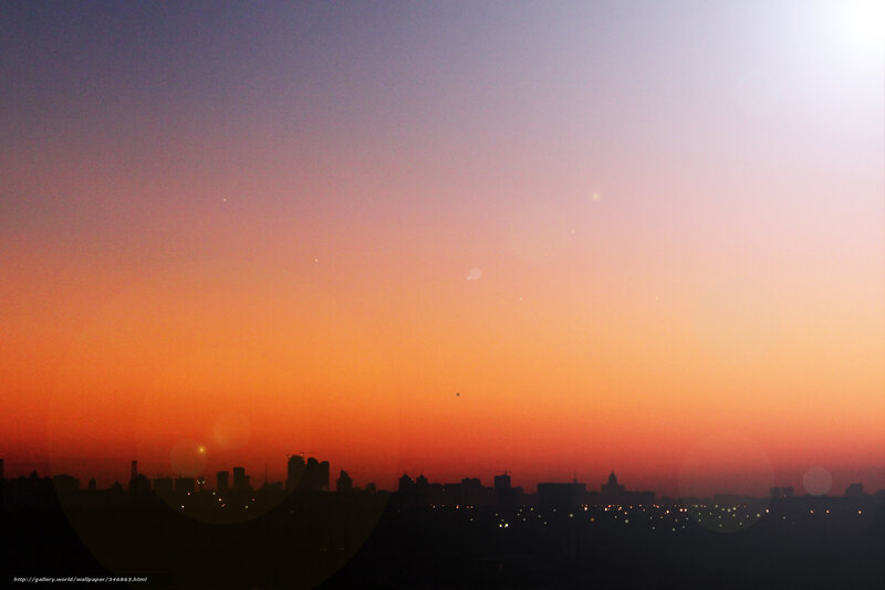 City Skyline at Sunset — Orange, Dramatic, Photograph, Sky, Buildings