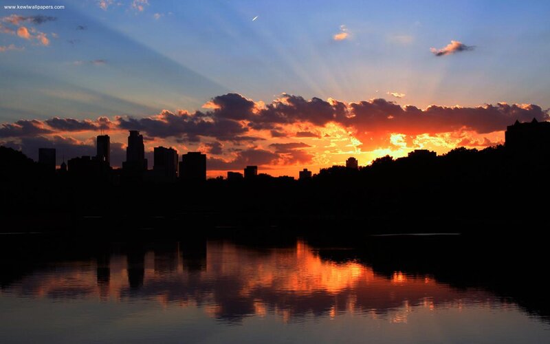 City Skyline at Sunset — Orange, Dramatic, Photograph, Sky, Clouds, River