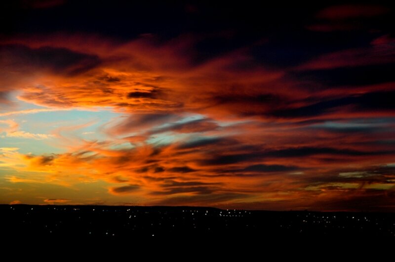 City Skyline at Sunset — Orange, Dramatic, Photograph, Sky, Clouds