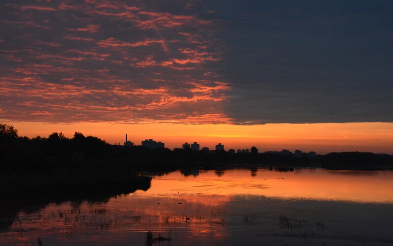 City Skyline at Sunset — Orange, Dramatic, Photograph, Sky, River