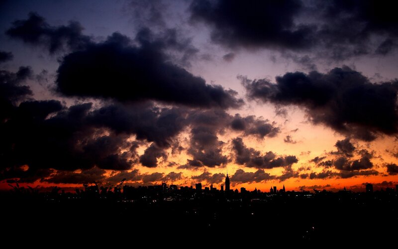 City Skyline at Sunset — Orange, Dramatic, Photograph, Skyscraper, Clouds