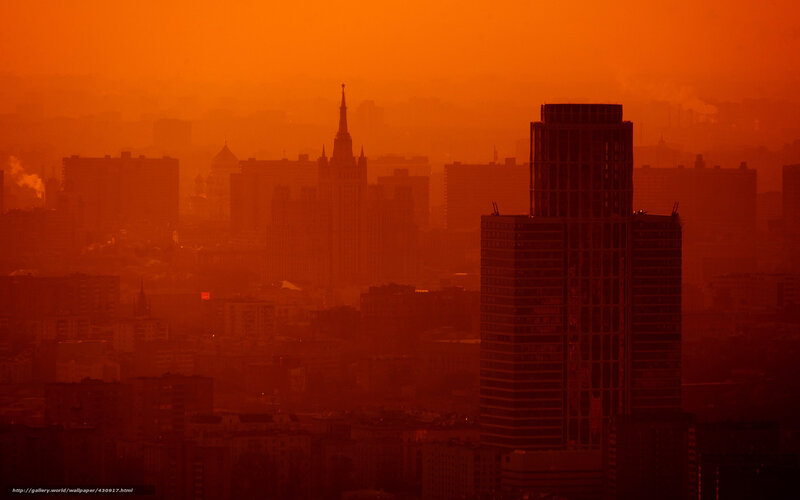 City Skyline at Sunset — Orange, Dramatic, Photograph, Skyscraper, Haze