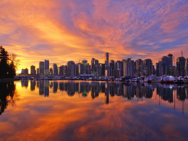 City Skyline at Sunset — Orange, Dramatic, Photograph, Skyscraper, Marina, Boats