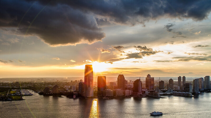 City Skyline at Sunset — Orange, Dramatic, Photograph, Skyscraper, River