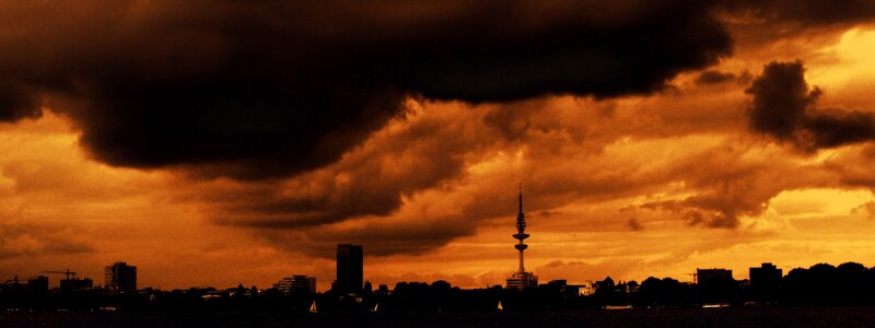 City Skyline at Sunset — Orange, Dramatic, Photograph, Skyscraper, Tower