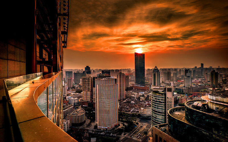 City Skyline at Sunset — Orange, Dramatic, Photograph, Skyscrapers, Clouds