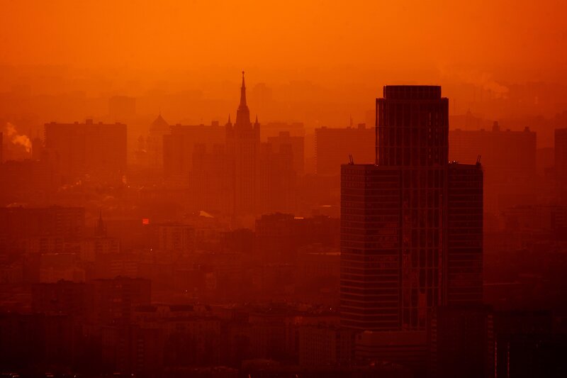 City Skyline at Sunset — Orange, Dramatic, Photograph, Skyscrapers, Smog