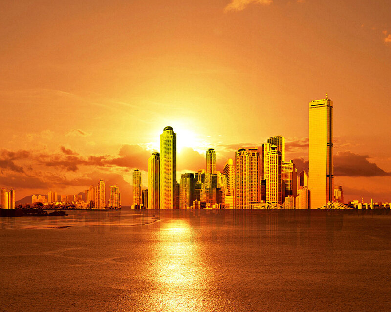 City Skyline at Sunset — Orange, Dramatic, Photograph, Skyscrapers, Water