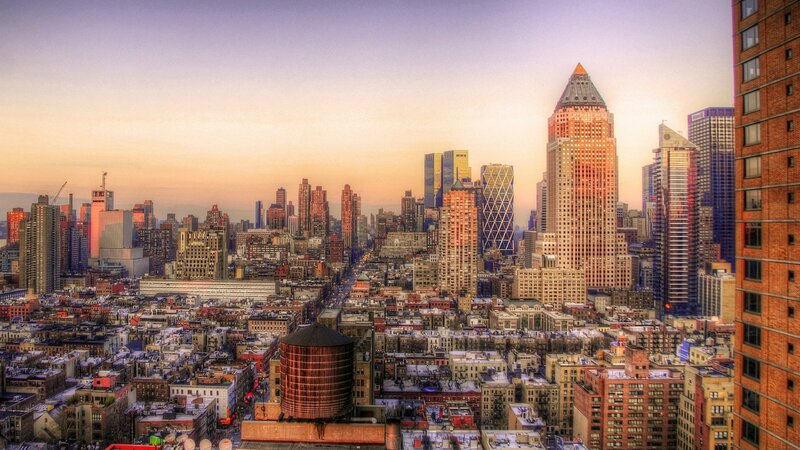 City Skyline at Sunset — Orange, Dramatic, Photograph, Skyscrapers, Water Tower