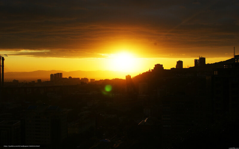 City Skyline at Sunset — Orange, Dramatic, Photograph, Sun, Buildings