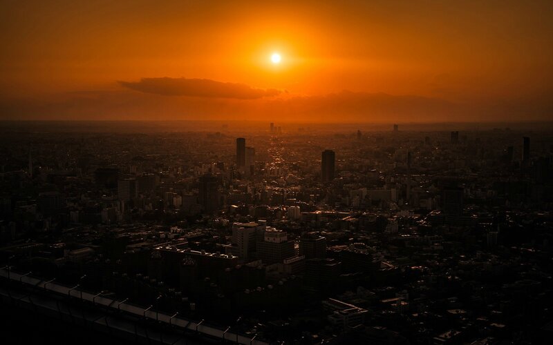 City Skyline at Sunset — Orange, Dramatic, Photograph, Sun, Clouds