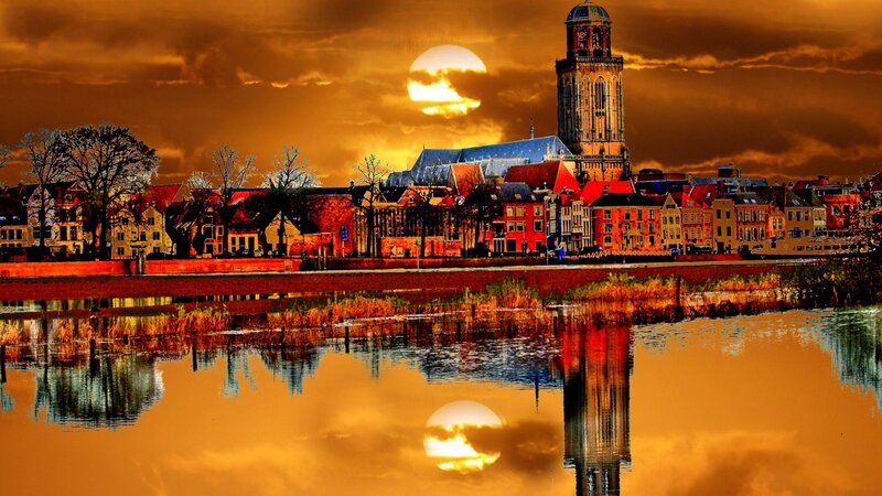 City Skyline at Sunset — Orange, Dramatic, Photograph, Sun, River