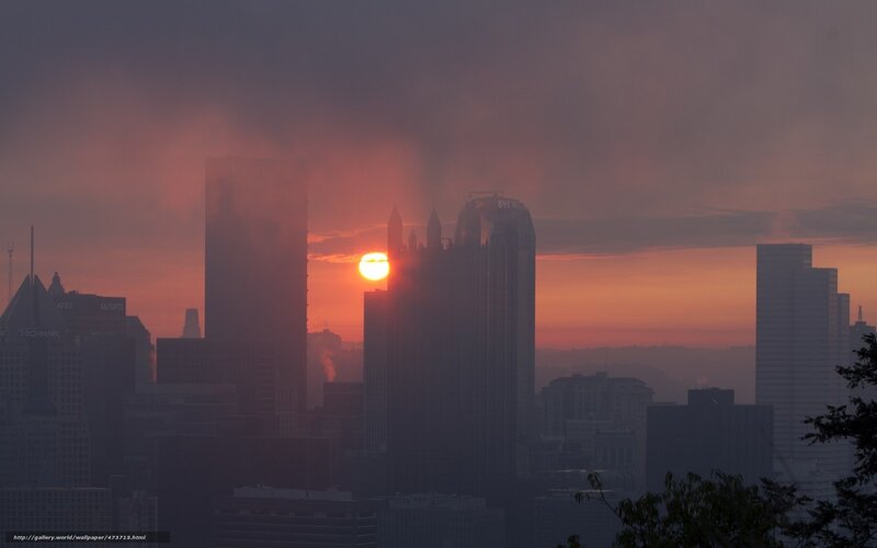 City Skyline at Sunset — Orange, Dramatic, Photograph, Sun, Skyscrapers, Smoke