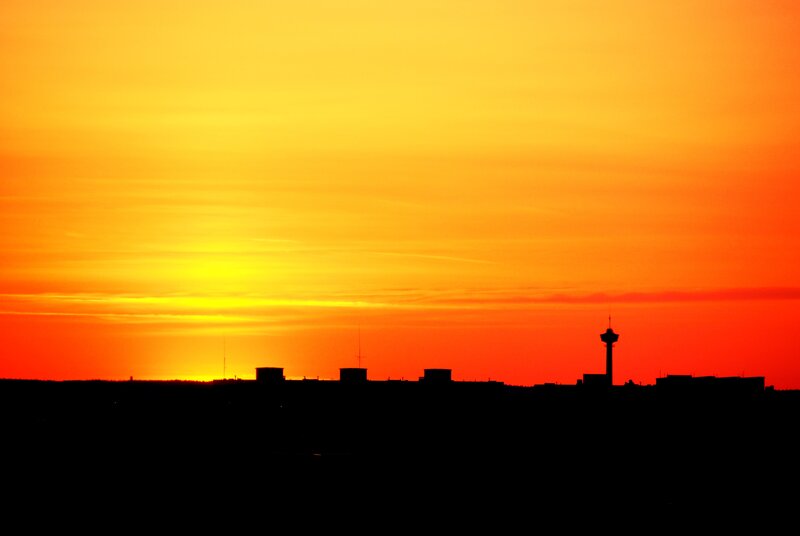 City Skyline at Sunset — Orange, Dramatic, Photograph, Tower, Buildings
