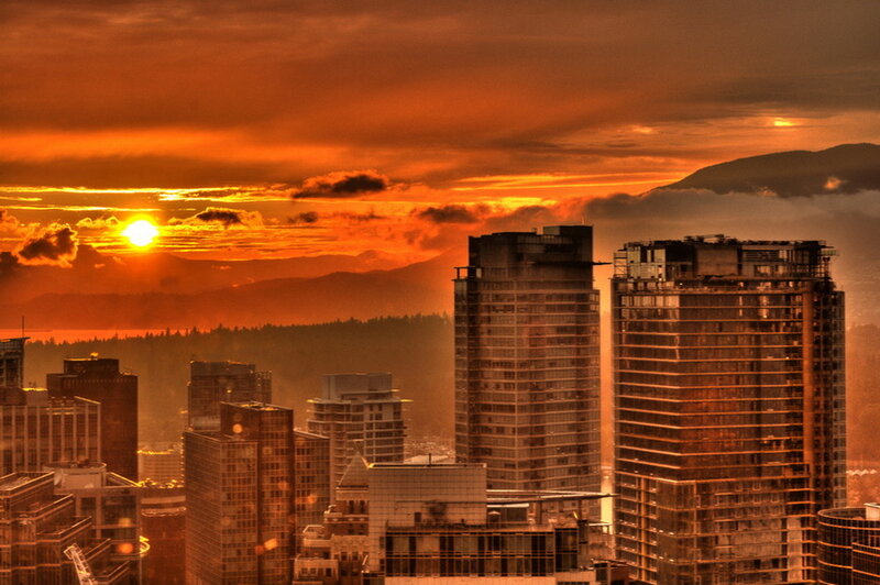 City Skyline at Sunset — Orange, Dramatic