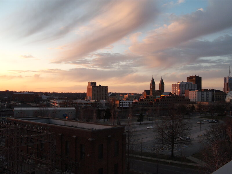 City Skyline at Sunset — Orange, Serene, Photograph, Buildings