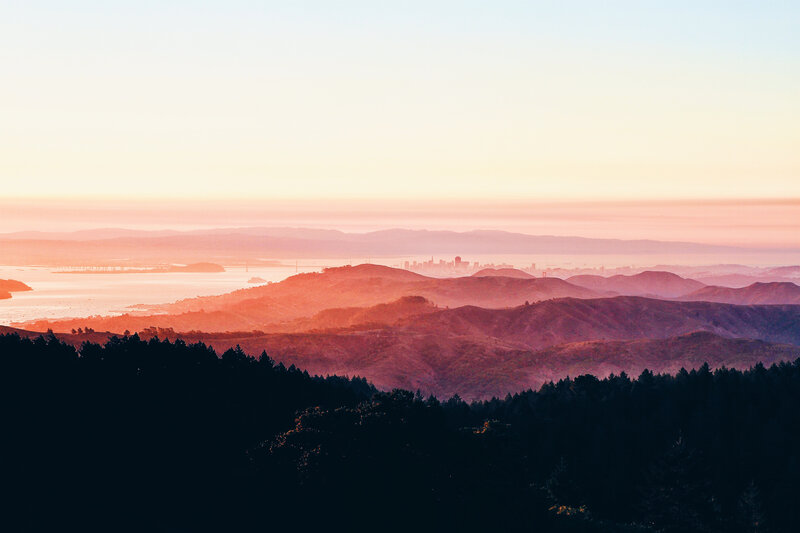 City Skyline at Sunset — Orange, Serene, Photograph, Hills