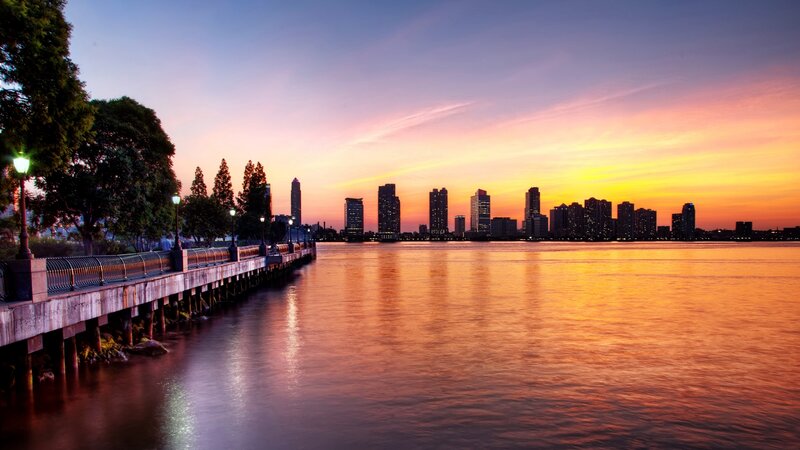 City Skyline at Sunset — Orange, Serene, Photograph, Pier