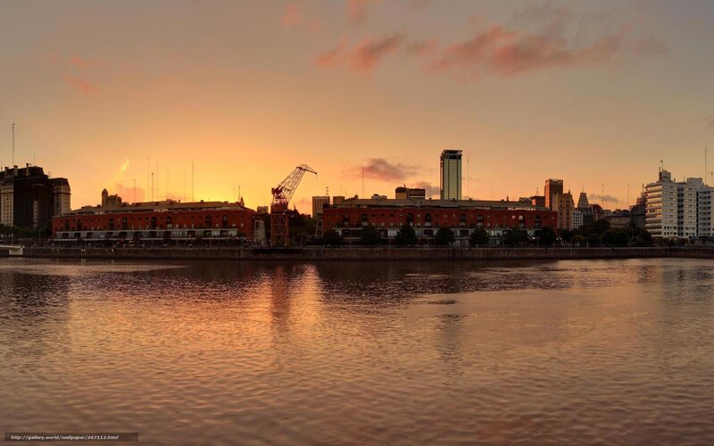 City Skyline at Sunset — Orange, Serene, Photograph, River, Buildings