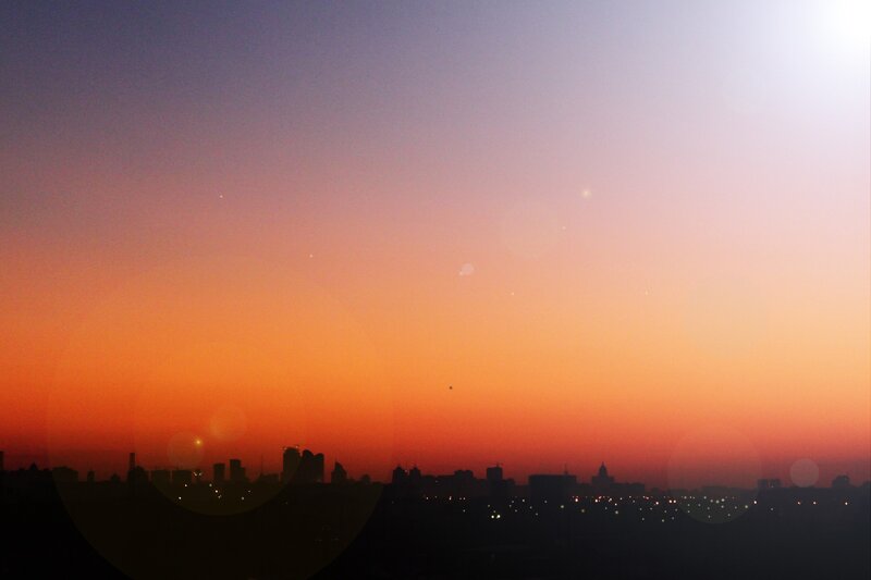 City Skyline at Sunset — Orange, Serene, Photograph, Sky, Buildings